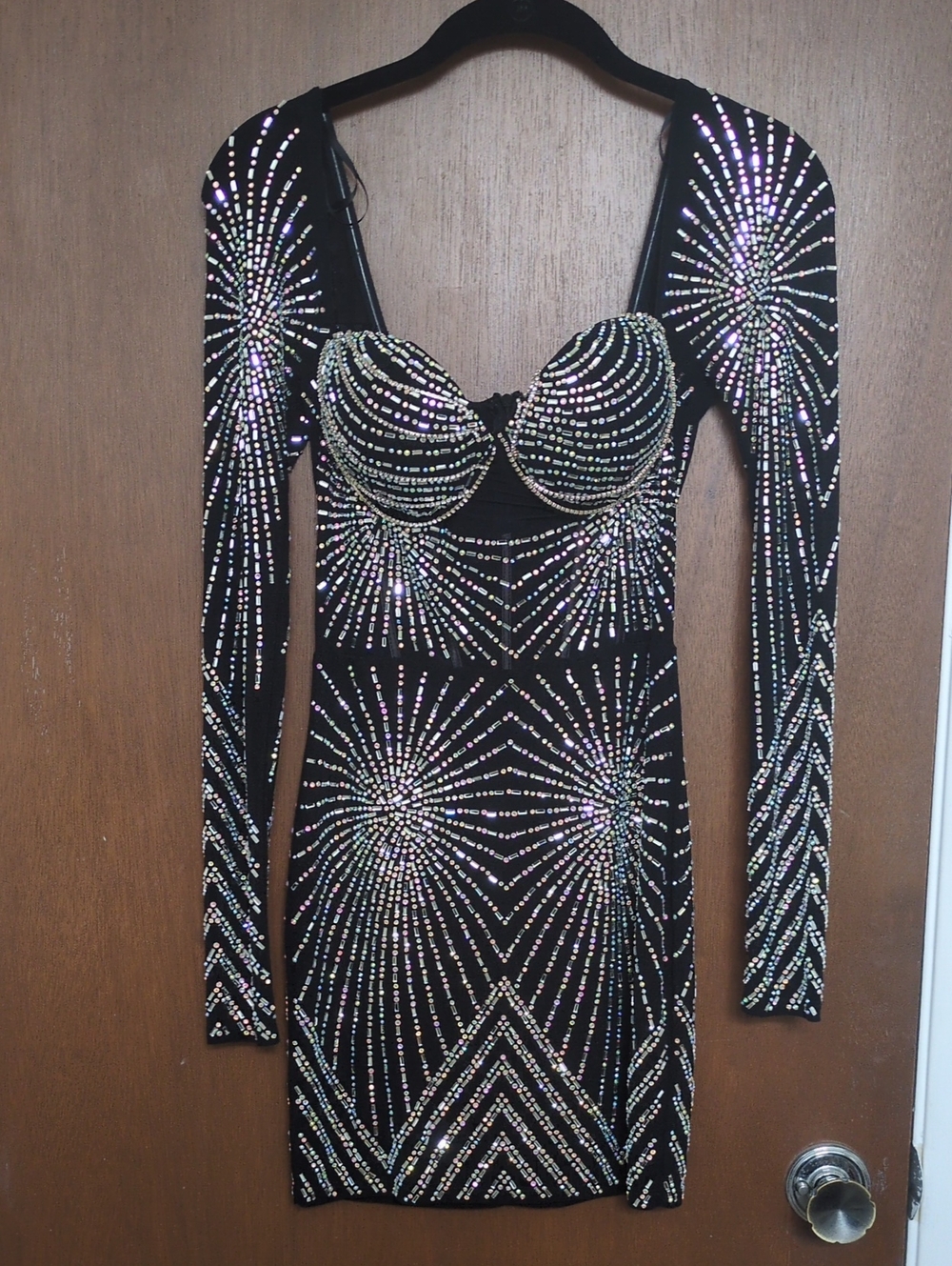 Banjul Black Long-Sleeve Rhinestone Burst Bodycon Dress